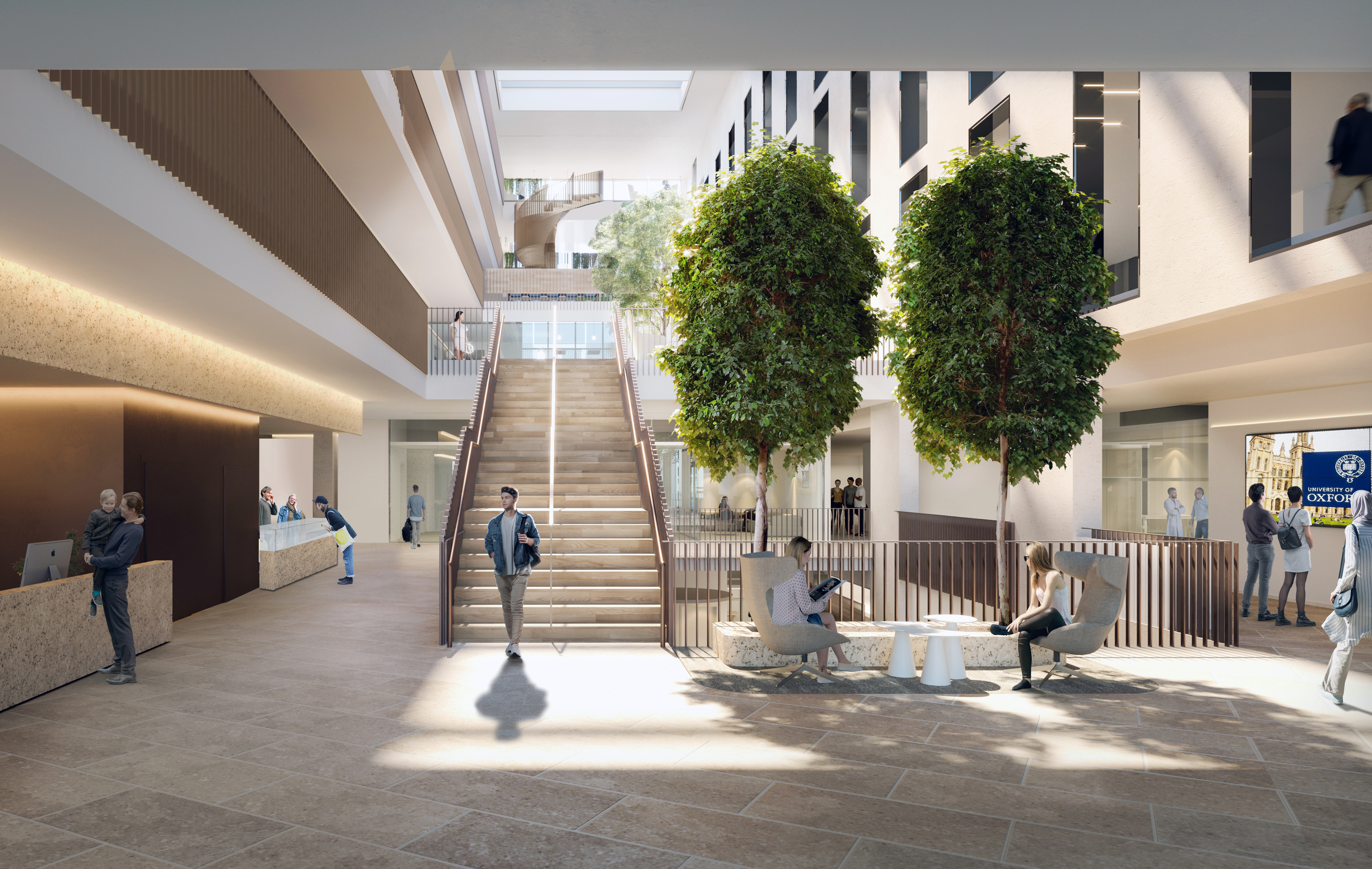Architect's rendering of the interior arrival within the Life and Mind Building. The theme for this floor is focused on display & identity. The two large trees at the entry symbolize Biology & Experimental Psychology coming together under one roof. 