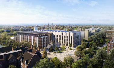 Aerial view of the Life and Mind Building and Oxford skyline.