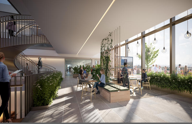 Architect's rendering of the internal terrace on level 03 which is adjacent to a large external rooftop terrace. The meeting pockets on this level are infused with greenery to tie into the outdoors and provide a relaxing environment for users.