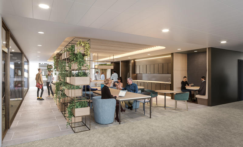 Architect's rendering of a 'Town Centre' shared space inside the Life and Mind Building. These spaces are centrally located within the Office Block and are intended as a place for staff and researches to mingle, collaborate, get a refreshment and work.