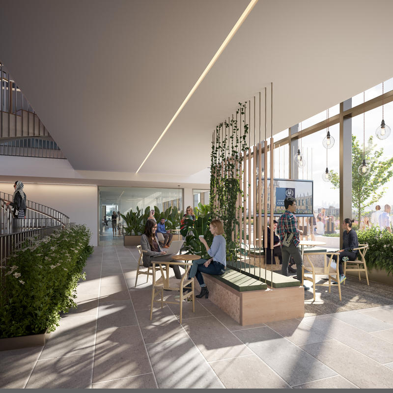 Architect's rendering of the internal terrace on level 03 which is adjacent to a large external rooftop terrace. The meeting pockets on this level are infused with greenery to tie into the outdoors and provide a relaxing environment for users.