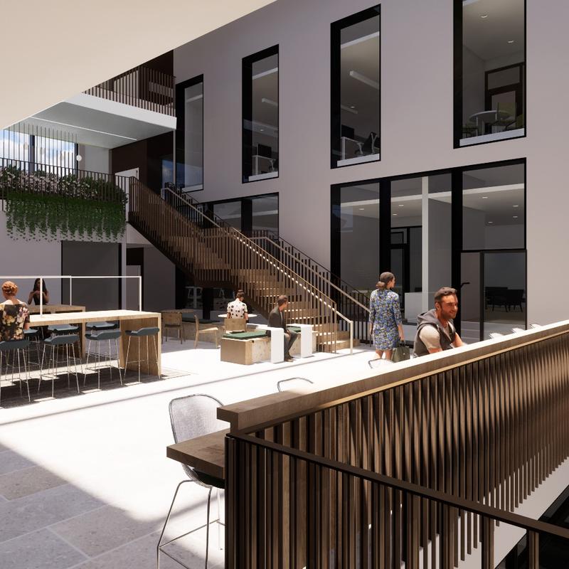 Architect's rendering of the second floor atrium inside the Life and Mind Building.