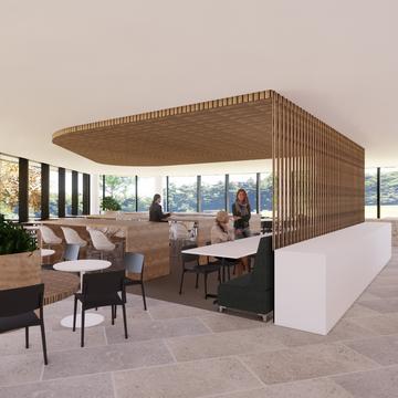 Architect's rendering of a café inside the Life and Mind Building.