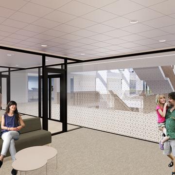 Architect's rendering of a typical Experimental Psychology testing space inside the Life and Mind Building.
