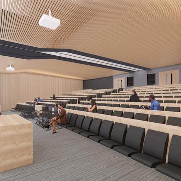 Architect's rendering of a lecture theatre inside the Life and Mind Building.