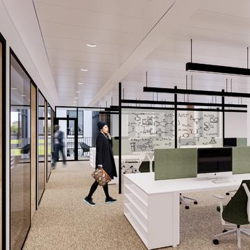 Architect's rendering of a typical open plan office inside the Life and Mind Building.